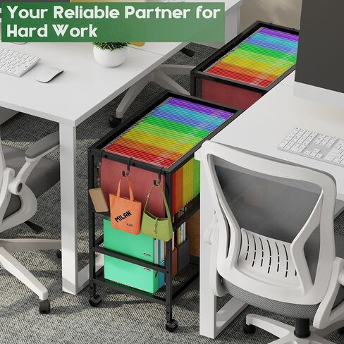 Rolling File Cart for Letter Size, Metal Hanging File Organizer with Storage Shelf, 2-Tier Mobile File Cabinet with 360° Wheels & Hooks, Under Desk Filing Cabinets for Home Office, Black in Kuwait