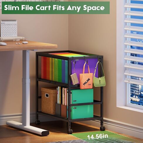Rolling File Cart for Letter Size, Metal Hanging File Organizer with Storage Shelf, 2-Tier Mobile File Cabinet with 360° Wheels & Hooks, Under Desk Filing Cabinets for Home Office, Black in Kuwait