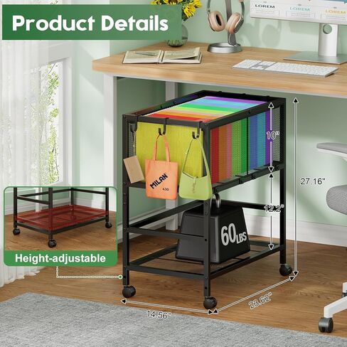 Rolling File Cart for Letter Size, Metal Hanging File Organizer with Storage Shelf, 2-Tier Mobile File Cabinet with 360° Wheels & Hooks, Under Desk Filing Cabinets for Home Office, Black in Kuwait