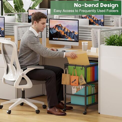 Rolling File Cart for Letter Size, Metal Hanging File Organizer with Storage Shelf, 2-Tier Mobile File Cabinet with 360° Wheels & Hooks, Under Desk Filing Cabinets for Home Office, Black in Kuwait