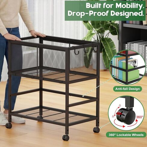Rolling File Cart for Letter Size, Metal Hanging File Organizer with Storage Shelf, 2-Tier Mobile File Cabinet with 360° Wheels & Hooks, Under Desk Filing Cabinets for Home Office, Black in Kuwait
