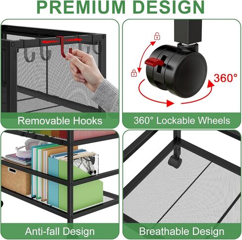 Rolling File Cart for Letter Size, Metal Hanging File Organizer with Storage Shelf, 2-Tier Mobile File Cabinet with 360° Wheels & Hooks, Under Desk Filing Cabinets for Home Office, Black in Kuwait