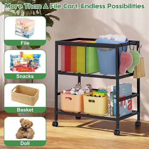 Rolling File Cart for Letter Size, Metal Hanging File Organizer with Storage Shelf, 2-Tier Mobile File Cabinet with 360° Wheels & Hooks, Under Desk Filing Cabinets for Home Office, Black in Kuwait
