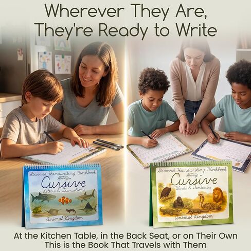 Animal Kingdom Grooved Cursive Workbook for Kids Ages 8-12 - Graceful By Design - 8.5X11 Grooved Handwriting Practice for Kids with 4 Magic Ink Pens, Refills - with Printable Activities, Videos in Saudi Arabia
