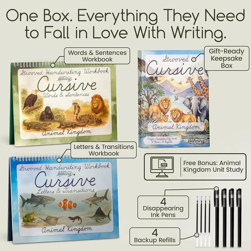 Animal Kingdom Grooved Cursive Workbook for Kids Ages 8-12 - Graceful By Design - 8.5X11 Grooved Handwriting Practice for Kids with 4 Magic Ink Pens, Refills - with Printable Activities, Videos in Saudi Arabia