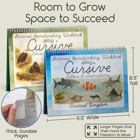 Animal Kingdom Grooved Cursive Workbook for Kids Ages 8-12 - Graceful By Design - 8.5X11 Grooved Handwriting Practice for Kids with 4 Magic Ink Pens, Refills - with Printable Activities, Videos in Saudi Arabia