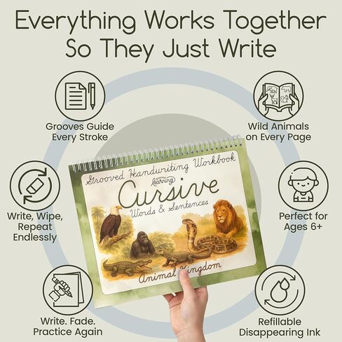 Animal Kingdom Grooved Cursive Workbook for Kids Ages 8-12 - Graceful By Design - 8.5X11 Grooved Handwriting Practice for Kids with 4 Magic Ink Pens, Refills - with Printable Activities, Videos in Saudi Arabia