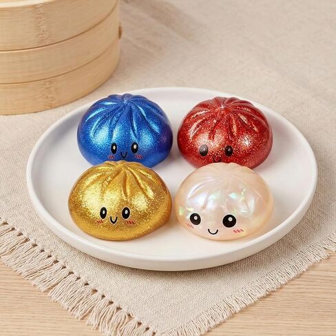 4Pcs Glitter Dumpling Squeeze Set with Steamer Box, Soft Stress Relief Fidget Balls, Colorful Stretchy Decompression Ornaments for Adults in Saudi Arabia