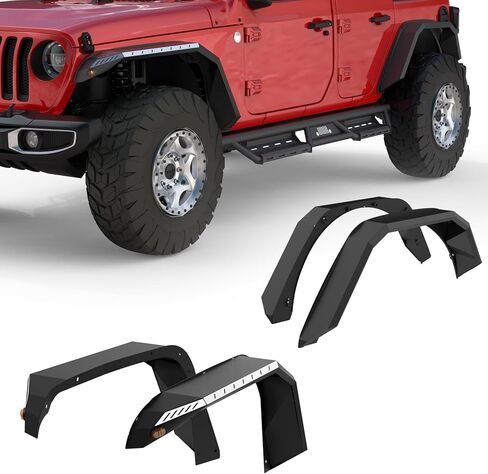 Front and Rear Fender Flares Kit w/LED Turn Signal Lights Compatible with 2018 2019 2020 2021 2022 2023 2024 Jeep Wrangler JL & JLU Unlimited (2-Door & 4-Door),4PCS Off-road Flat Fenders Mud Guard in Saudi Arabia