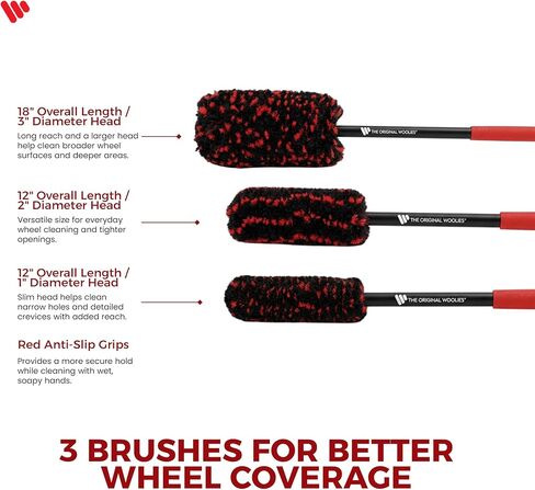 Wheel Woolies Car Detailing Brush Set - 3pc Car Wheel Brush Kit (18", 12", 12") for Rims, Barrel, Spokes & Brake Dust | Soft No Scratch Rim Brush with Long Handle & Anti-Slip Grip | Made in USA in Kuwait