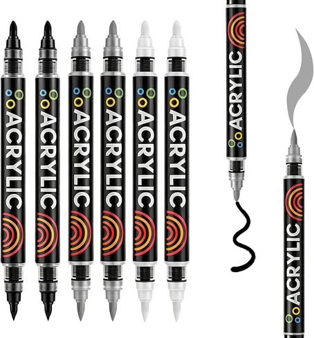 White & Black Acrylic Paint Markers, Dual Tip with Fine Tip and Brush Tip Acrylic Paint Pens for Stone, Paper, Wood, Glass, Fabric Paint, DIY Crafts (6, 3Black+3White) in Saudi Arabia