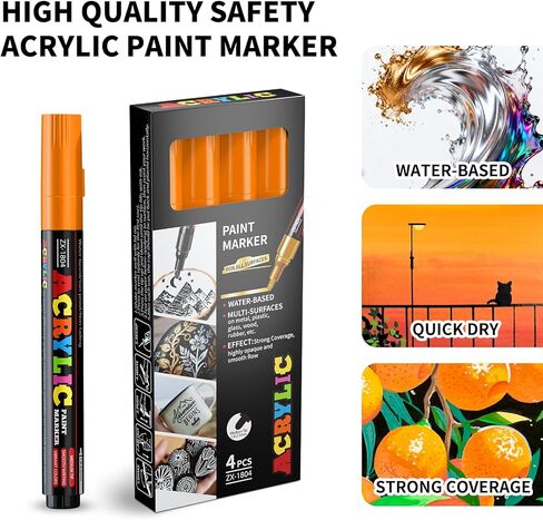 Orange Paint Marker Pens - 4 Pack Medium Tip Acrylic Paint Markers, Waterproof & Quick Drying Water-based Marker Pen for Rock Painting, Tires, Wood, Plastic, Canvas, Mugs, Stone in Saudi Arabia