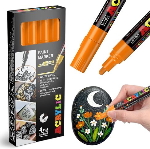 Orange Paint Marker Pens - 4 Pack Medium Tip Acrylic Paint Markers, Waterproof & Quick Drying Water-based Marker Pen for Rock Painting, Tires, Wood, Plastic, Canvas, Mugs, Stone in Saudi Arabia