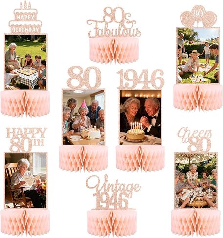 80th Birthday Table Centerpieces – 8 Pcs Vintage 1946 Honeycomb Decorations For Women Bday Party Supply, Cheers to 80 Photo Table Topper Celebration Decor(Rose Gold) in Saudi Arabia