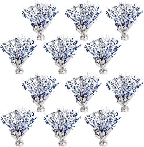 Metallic Foil Spray Centerpieces 12 Pack Star Table Decorations with Weighted Base, Metallic Starburst Table Centerpiece for Graduation 2026, Birthday, Party Decorations (Silver Navy Blue) in Kuwait