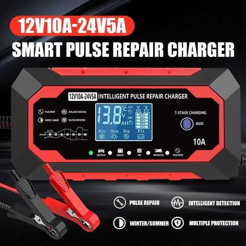 10-Amp 12V/24V Fully Automatic Smart Car Battery Charger, Battery Maintainer Trickle Charger Desulfator with Temperature Compensation for Car Truck Lawn Mower Boat in Saudi Arabia