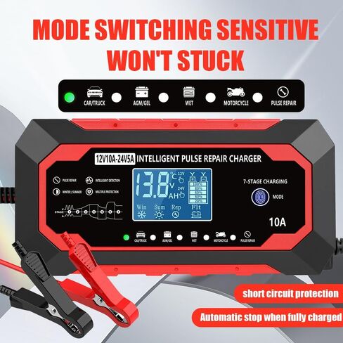 10-Amp 12V/24V Fully Automatic Smart Car Battery Charger, Battery Maintainer Trickle Charger Desulfator with Temperature Compensation for Car Truck Lawn Mower Boat in Saudi Arabia