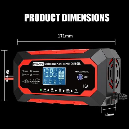 10-Amp 12V/24V Fully Automatic Smart Car Battery Charger, Battery Maintainer Trickle Charger Desulfator with Temperature Compensation for Car Truck Lawn Mower Boat in Saudi Arabia