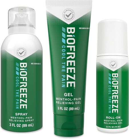 Biofreeze Pain Relief Roll-On 2.5 FL OZ, Gel 3 FL OZ, And Spray 3 FL OZ Variety Pack Topical Pain Reliever For Muscles And Joints From Arthritis, Backache, Strains, Bruises, Sprains (Package May Vary) in Saudi Arabia