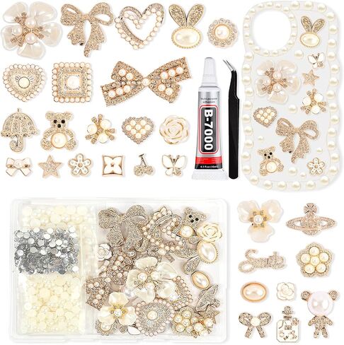 Junk Case Charms Kit with Gule, Junk Phone Case Decorating Kit with Bling Flower Butterfly Flatback Pearls Rhinestone Accessories for DIY Phones Case Deco Making Supplies in Kuwait