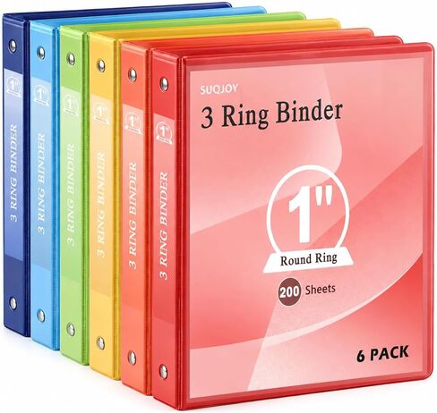 SUQJOY 1-inch 3 Ring Binde with 2 Inside Pockets, 1" Clear View Binder Holds US Letter Size 8.5'' x 11" Paper, 1“ Round Ring Binder for Office/Home/School Supply, 6 Pack (6 Colors Assorted) in Saudi Arabia
