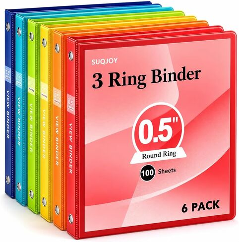 SUQJOY 1-inch 3 Ring Binde with 2 Inside Pockets, 1" Clear View Binder Holds US Letter Size 8.5'' x 11" Paper, 1“ Round Ring Binder for Office/Home/School Supply, 6 Pack (6 Colors Assorted) in Saudi Arabia