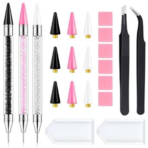 22Pcs Rhinestone Picker Tool Kit - 3 Dual-Ended Bedazzling Pen, 9 Extra Wax Head, 1 Curved & 1 Flat Tweezers, 2 Clay, 6 Grooved Tray for Nail Gems & Diamond Art in Saudi Arabia