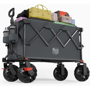 Timber Ridge Outdoor Collapsible Wagon with Brakes Utility Folding Cart Heavy Duty All Terrain Wheels for Shopping Camping Garden with Side Bag and Cup Holders, Grey in Kuwait
