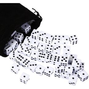 50 Pcs White Opaque Six Sided 16mm Dice with Black Color Pips with 1pc Drawstring Pouch for Rolling, Group Event, Board Games in Saudi Arabia