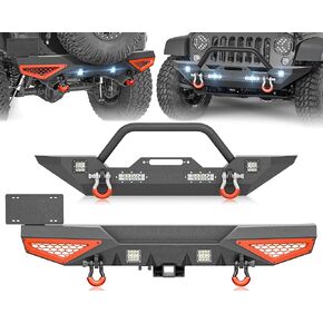 YZONA لمصدات Wrangler JK الأمامية والخلفية متوافقة مع 2007-2018 Jeep Wrangler JK JKU مع لوحة ونش، وقضيب الثور، ومصابيح LED، ومستقبل ربط 2 بوصة، وإطار لوحة الترخيص، ودرع قابل للطلاء وحلقات على شكل حرف D in Kuwait