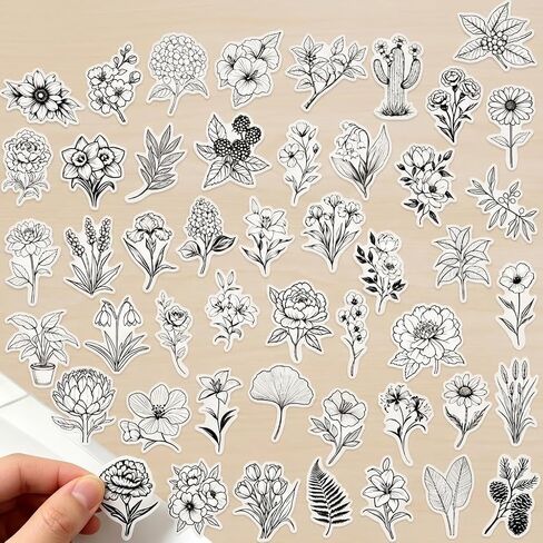 50Pcs Black Clear Plant Stickers Transparent Waterproof for Scrapbooking, Journaling & Crafts – Floral & Botanical Decals for Resin Art Projects, Planners, Cards, Gifts (Black) in Kuwait