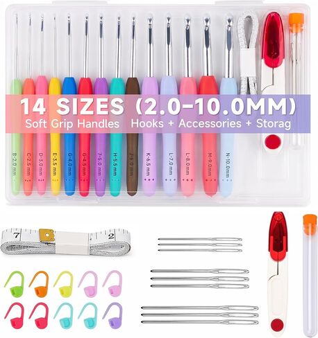 Bofoho Ergonomic Crochet Hooks Set, 14 Sizes 2.0–10.0mm, Soft Silicone Grip Aluminum Crochet Hooks, Color-Coded & Size Marked, 10 Stitch Markers, 9 Yarn Needles, Scissors, Storage Box in Saudi Arabia