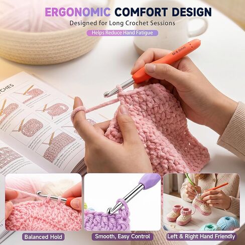 Bofoho Ergonomic Crochet Hooks Set, 14 Sizes 2.0–10.0mm, Soft Silicone Grip Aluminum Crochet Hooks, Color-Coded & Size Marked, 10 Stitch Markers, 9 Yarn Needles, Scissors, Storage Box in Saudi Arabia