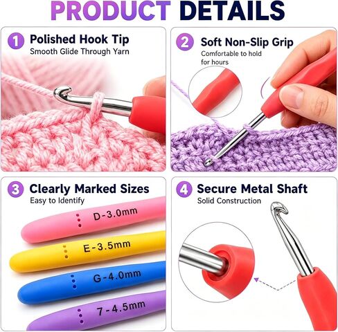 Bofoho Ergonomic Crochet Hooks Set, 14 Sizes 2.0–10.0mm, Soft Silicone Grip Aluminum Crochet Hooks, Color-Coded & Size Marked, 10 Stitch Markers, 9 Yarn Needles, Scissors, Storage Box in Saudi Arabia