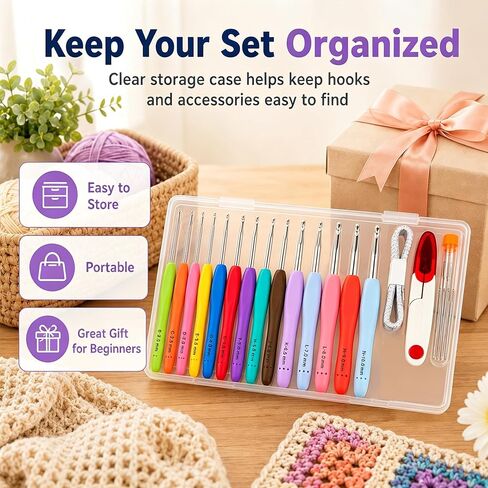 Bofoho Ergonomic Crochet Hooks Set, 14 Sizes 2.0–10.0mm, Soft Silicone Grip Aluminum Crochet Hooks, Color-Coded & Size Marked, 10 Stitch Markers, 9 Yarn Needles, Scissors, Storage Box in Saudi Arabia