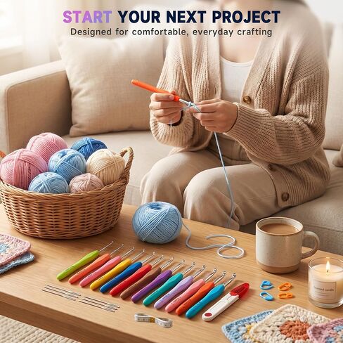 Bofoho Ergonomic Crochet Hooks Set, 14 Sizes 2.0–10.0mm, Soft Silicone Grip Aluminum Crochet Hooks, Color-Coded & Size Marked, 10 Stitch Markers, 9 Yarn Needles, Scissors, Storage Box in Saudi Arabia