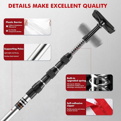 10FT Dust Barrier Poles, 4 Pack Spring Retractable Zipper Wall Poles for Dust Barrier System with 2 Heavy-Duty Zippers & Plastic Film, for Interior Decoration, Remodeling & Isolation Work in Saudi Arabia