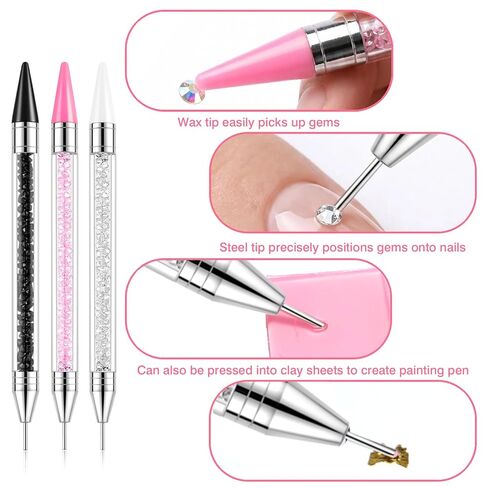 22Pcs Rhinestone Picker Tool Kit - 3 Dual-Ended Bedazzling Pen, 9 Extra Wax Head, 1 Curved & 1 Flat Tweezers, 2 Clay, 6 Grooved Tray for Nail Gems & Diamond Art in Saudi Arabia