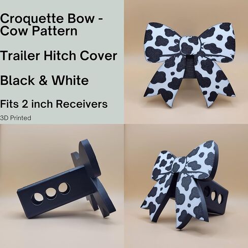 Trailer Hitch Cover, Croquette Bow Cow Pattern, Black & White, Fits 2 Inch Receivers, 3D Printed, 4.9" x 5.4 in Kuwait