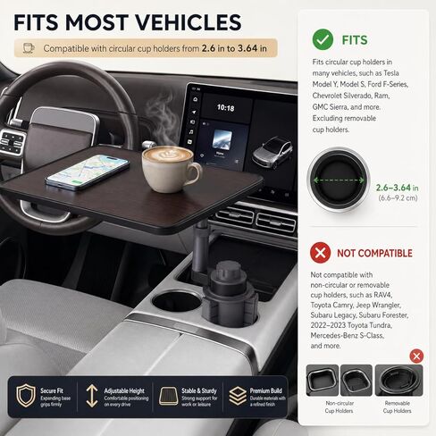 Car Cup Holder Tray Table, 360°Rotating Adjustable Car Desk for Eating & Laptop, Walnut Wood Cup Holder Tray, Fits Round Cup Holders 2.6"-3.65", Compatible with Tesla Model 3/Y/S and Most Vehicles in Saudi Arabia