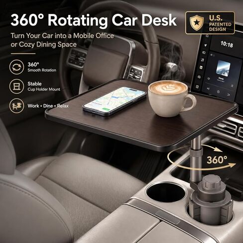 Car Cup Holder Tray Table, 360°Rotating Adjustable Car Desk for Eating & Laptop, Walnut Wood Cup Holder Tray, Fits Round Cup Holders 2.6"-3.65", Compatible with Tesla Model 3/Y/S and Most Vehicles in Saudi Arabia