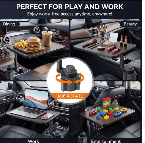 Car Cup Holder Tray Table, 360°Rotating Adjustable Car Desk for Eating & Laptop, Walnut Wood Cup Holder Tray, Fits Round Cup Holders 2.6"-3.65", Compatible with Tesla Model 3/Y/S and Most Vehicles in Saudi Arabia