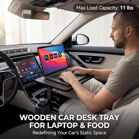 Car Cup Holder Tray Table, 360°Rotating Adjustable Car Desk for Eating & Laptop, Walnut Wood Cup Holder Tray, Fits Round Cup Holders 2.6"-3.65", Compatible with Tesla Model 3/Y/S and Most Vehicles in Saudi Arabia