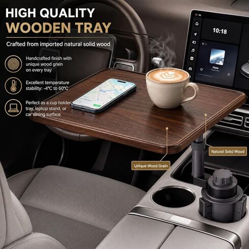 Car Cup Holder Tray Table, 360°Rotating Adjustable Car Desk for Eating & Laptop, Walnut Wood Cup Holder Tray, Fits Round Cup Holders 2.6"-3.65", Compatible with Tesla Model 3/Y/S and Most Vehicles in Saudi Arabia
