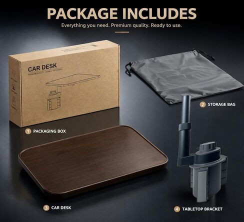 Car Cup Holder Tray Table, 360°Rotating Adjustable Car Desk for Eating & Laptop, Walnut Wood Cup Holder Tray, Fits Round Cup Holders 2.6"-3.65", Compatible with Tesla Model 3/Y/S and Most Vehicles in Saudi Arabia