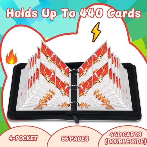 Card Binder 4 Pocket, Trading Card Binder Hold 440 Cards with 55 Removable Card Sleeves, 3 Ring Binder Zipper Card Holder Portable Collectible Card Book Album for TCG, MTG, Sports Cards in Saudi Arabia