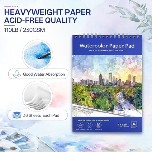 Watercolor Paper Pad 9x12 Inches,36 Sheets 110lb/230G Cold Press Cotton Blend Sketchbook Acid Free Professional Watercolor Sketchbook for Artists, Adults Students Wet on Wet Mixed Media DIY in Kuwait