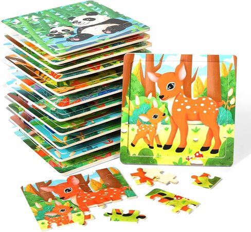 GRINNNIE Jigsaw Puzzle for Toddlers 3 4 5 Years Old, Montessori 12 PCS Wooedn Forest Animal Puzzles, Portable Size Puzzle Preschool Learning Toys for Travel or Car, Birthday Gift for Boys and Girls in Saudi Arabia
