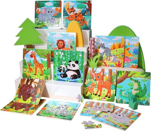 GRINNNIE Jigsaw Puzzle for Toddlers 3 4 5 Years Old, Montessori 12 PCS Wooedn Forest Animal Puzzles, Portable Size Puzzle Preschool Learning Toys for Travel or Car, Birthday Gift for Boys and Girls in Saudi Arabia