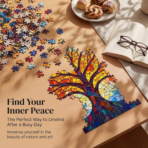 1000 Pieces Stained Glass Jigsaw Puzzle, Beautiful Tree of Life Art Puzzles for Adults, Unique Fun Impossible Hard Difficult Challenging Pretty Puzzles, Colorful Mosaic Nature Puzzle in Kuwait